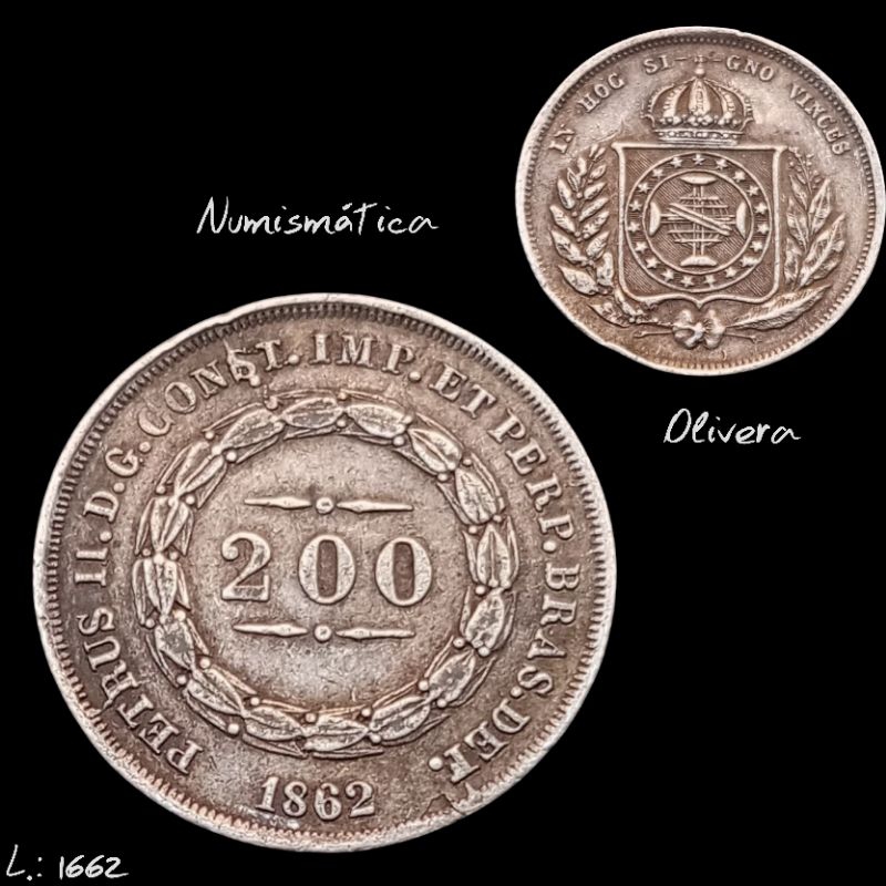 L.: 1662 - Moeda antiga Prata Brasil 200 réis 1862.