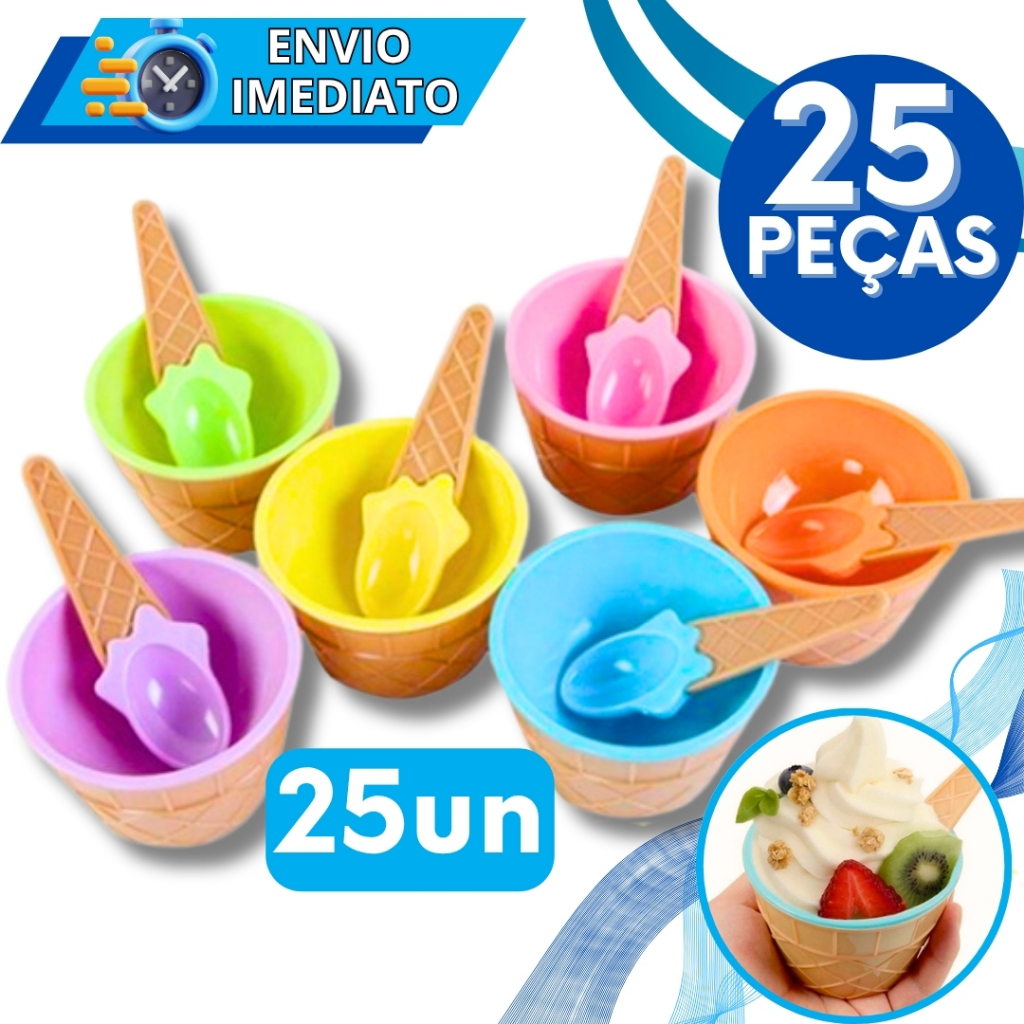 KIT Jogo 25 Tigela Pote de Plástico Tigela 200 ML Para Sobremesa Sorvete Açai Iogurte Casa Casquinha Sorvete + Colher