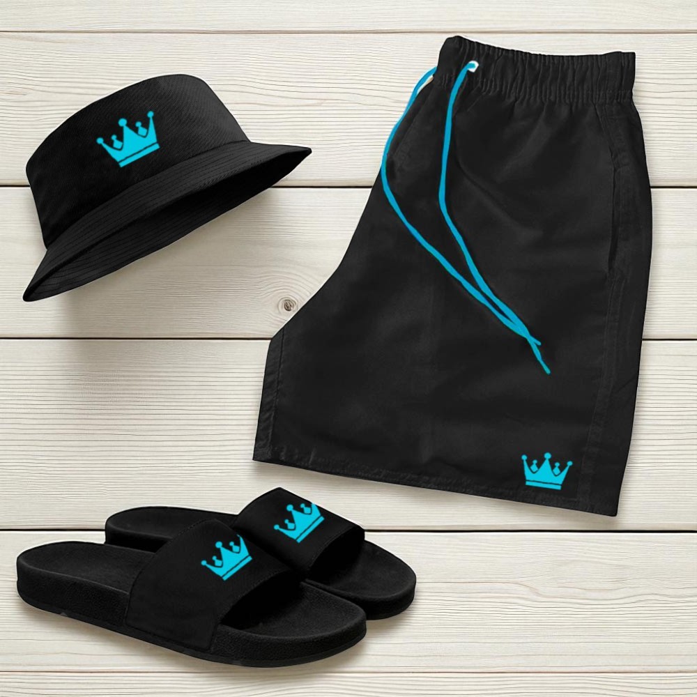 Kit Short Praia Mauricinho Masculina + Chinelo Slide + Bucket hat Coroa Azul em Oferta na Shopee