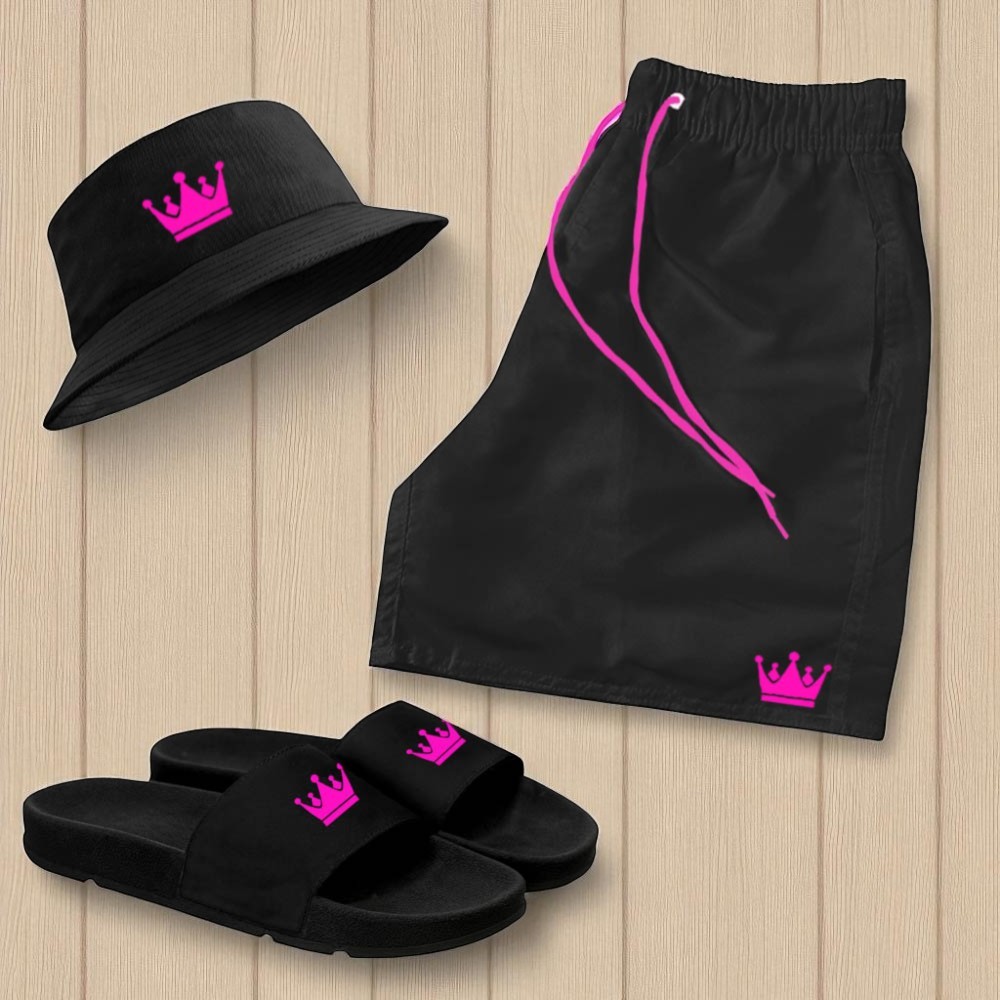 Kit Short Praia Mauricinho Masculina + Chinelo Slide + Bucket hat Coroa Rosa
