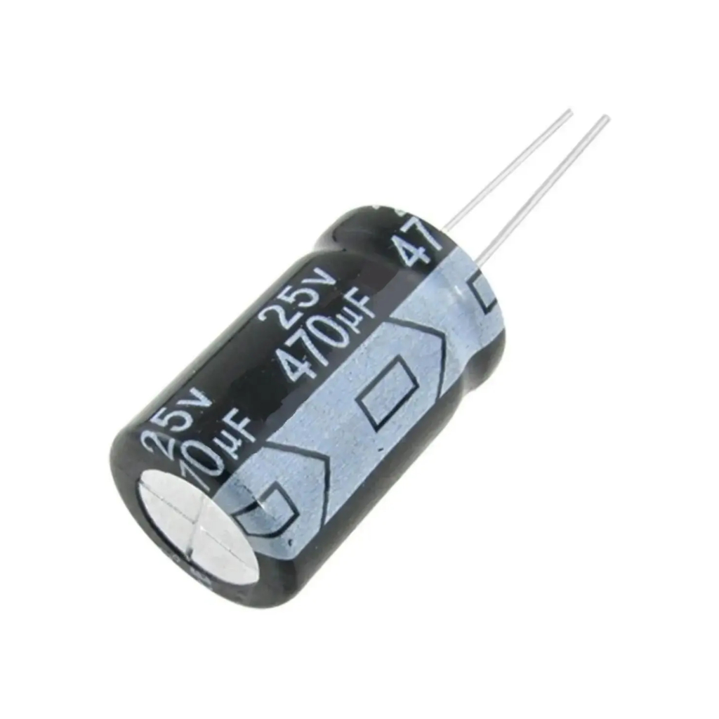 capacitor eletrolítico 470uf 25v radial 105°c p/ fonte placa eletrônica