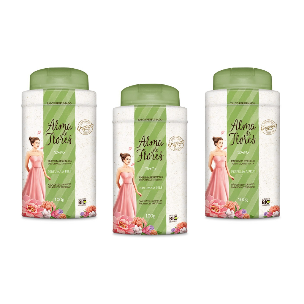 Kit 3 Talco Alma De Flores Classico Perfumado 100g.
