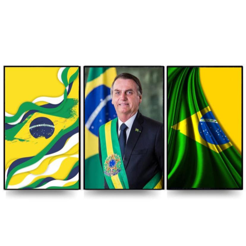 Quadro decorativo 3 peças grande presidente Bolsonaro Brasil bandeira envio rápido