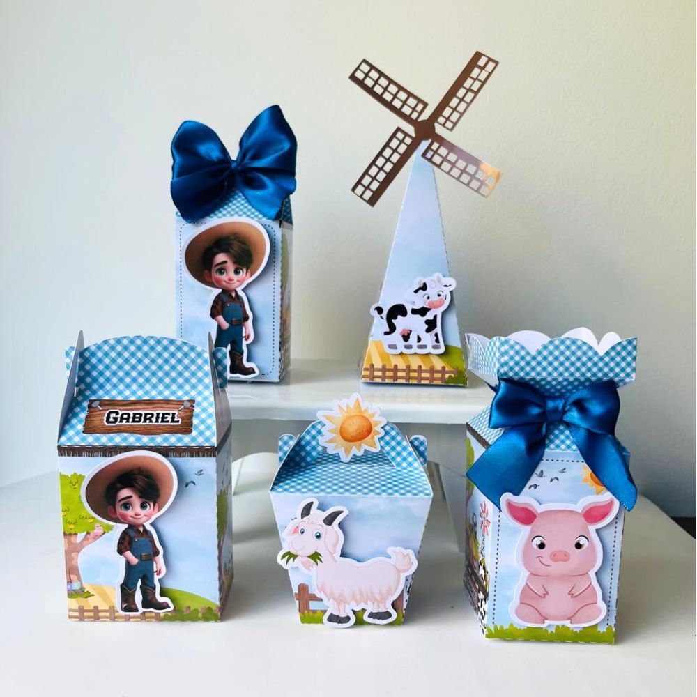 Kit Caixa Fazendinha Azul / Personalizados Fazendinha Azul / Lembrancinhas de Festa / Aniversário / Pegue e Monte.