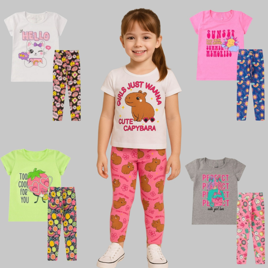 Kit 8 Peças Conjunto Infantil Menina Calça e Blusa Capivara Feminino Roupa Barato Algodão Premium