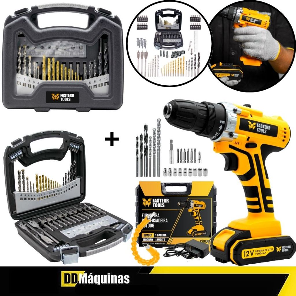 Kit Furadeira Parafusadeira 12V Com Acessórios + Jogo de Brocas Em Titânio 128 Peças - Fasterr