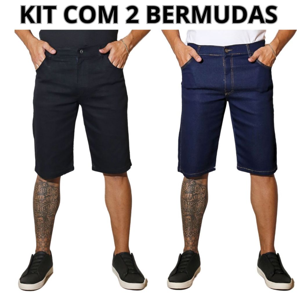 Kit 2 Bermudas Jeans Masculina Azul e Preta Tradicional Com Elastano Short Direto da Fábrica Preço Promocional