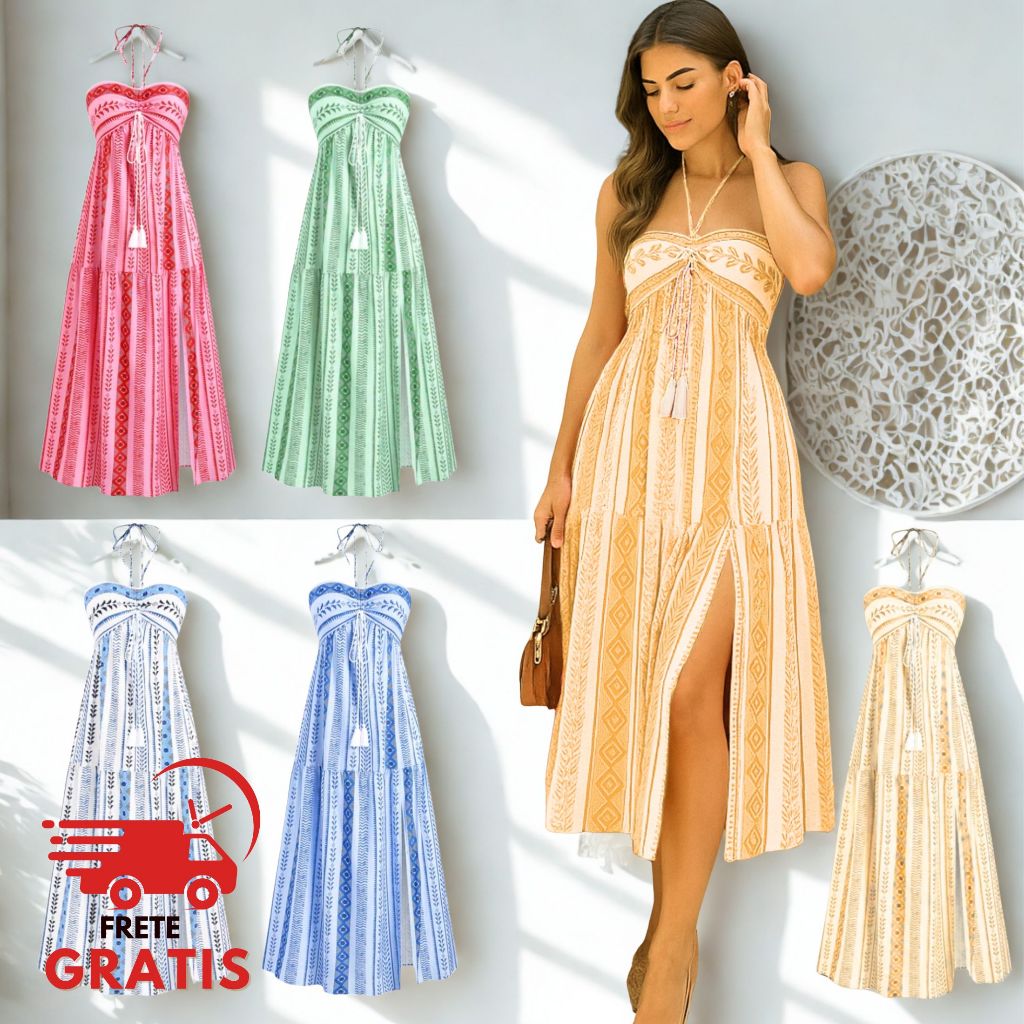 Vestido Estampa Tribal Boho, Crepinho, Fenda, Sem Bojo, Ajuste ao Corpo, Vestido MIDI– Kristal Unique em Oferta na Shopee