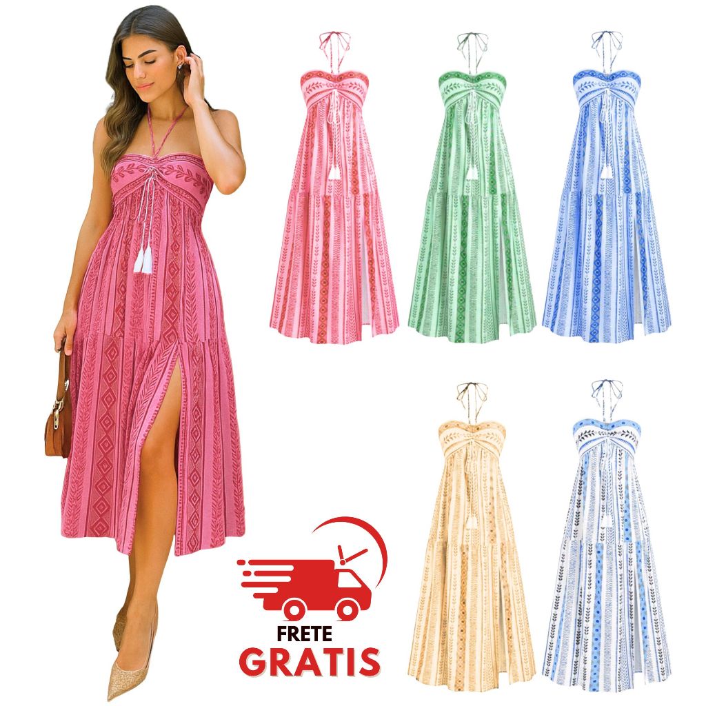 Vestido Midi Boho Tribal com Fenda, Crepinho Fresco, Sem Bojo, Costas com Elastex – Krista...