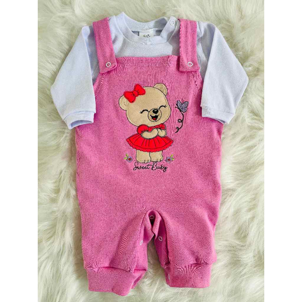 Macacão Jardineira Bebê Suedine Infantil Bordado Menina em Oferta na Shopee