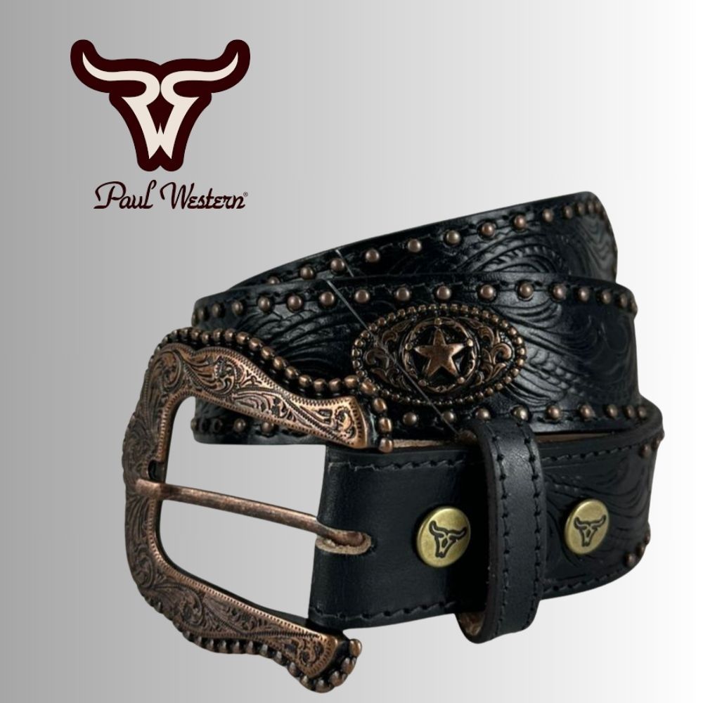 Cinto Country Paul Western Couro Preto Com Taxinha E Medalhas Douradas E Fivela Trabalhada