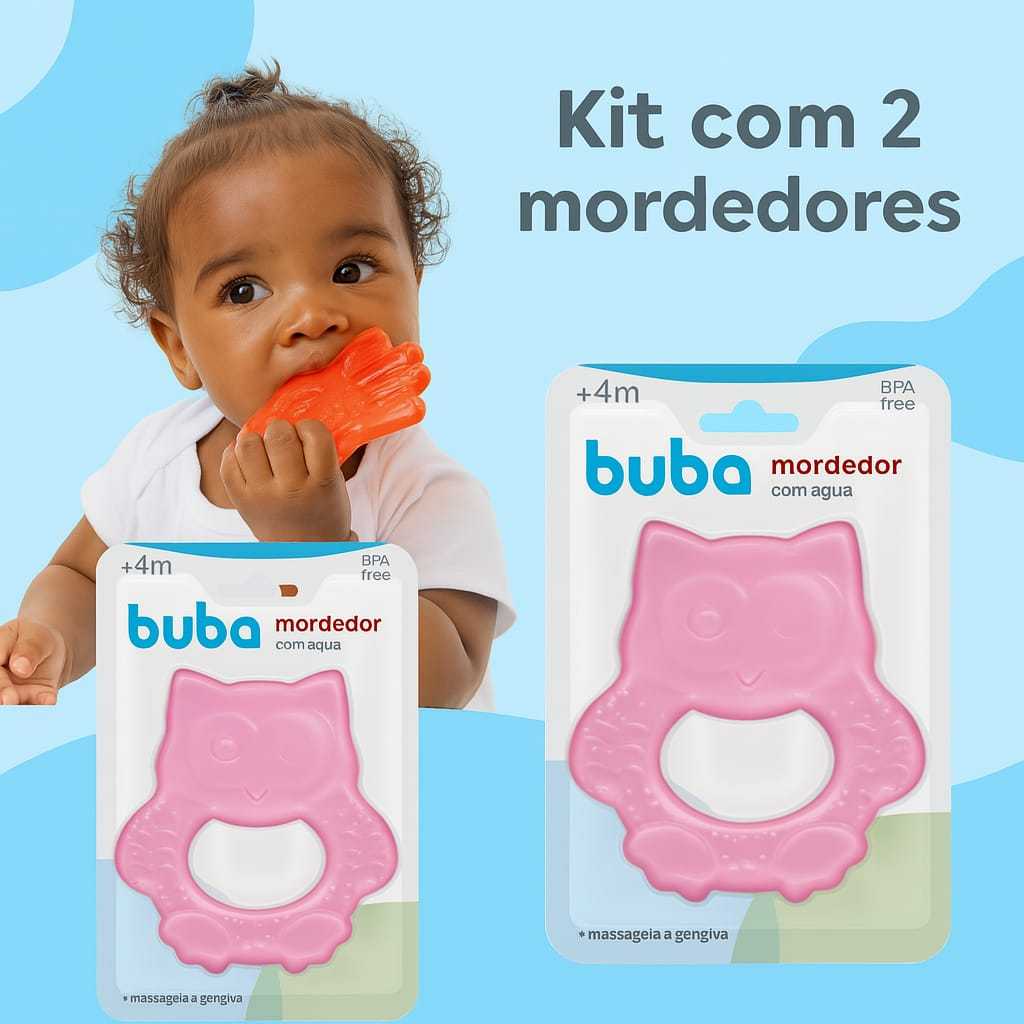Kit Com 2 Mordedores Para Bebe Dentes Massageador De Gengiva Formato Corujinha Azul E  Rosa Divertidos E Seguro