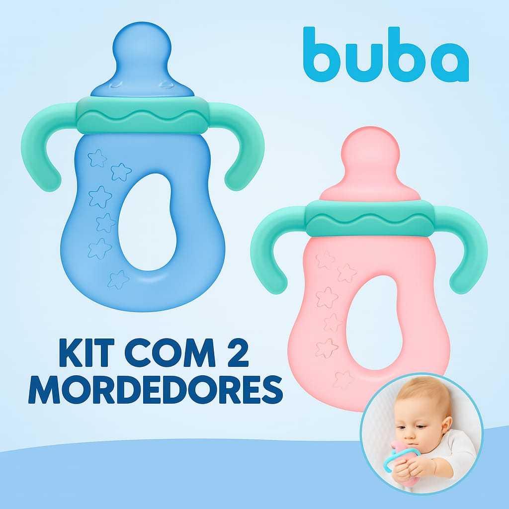 Kit Com 2 Mordedores Massageador Dentinhos Bebe Marca Babu Gengivas Formato Chupeta Rosa Azul Atoxico Seguros
