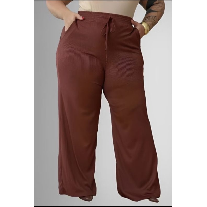 Calça pantalona plus size feminina com elástico na cintura forrada com bolsos cintura alta