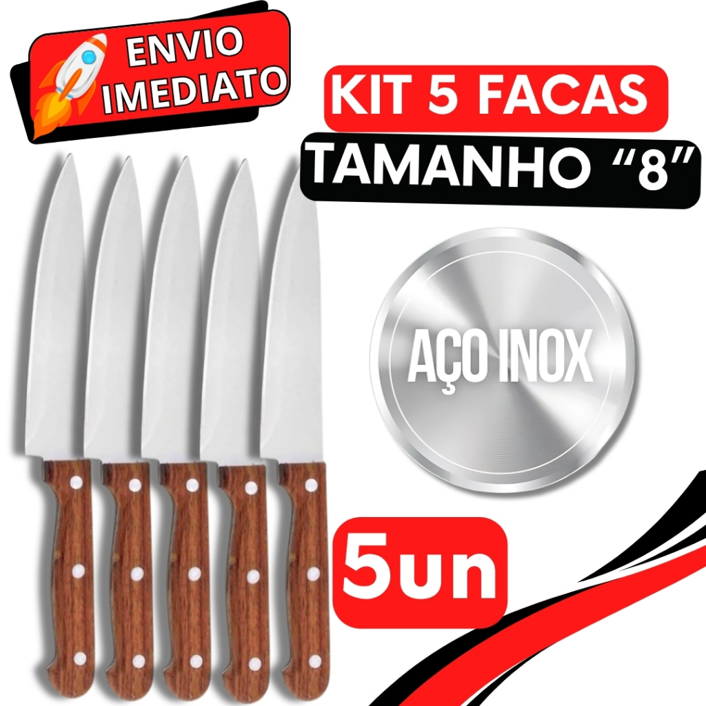 Imagem KIT Jogo 5 Faca De Cozinha Churrasco Cabo Madeira Aço Inox Profissional Tamanho "8" 33CM para Casa Restaurante Açougue