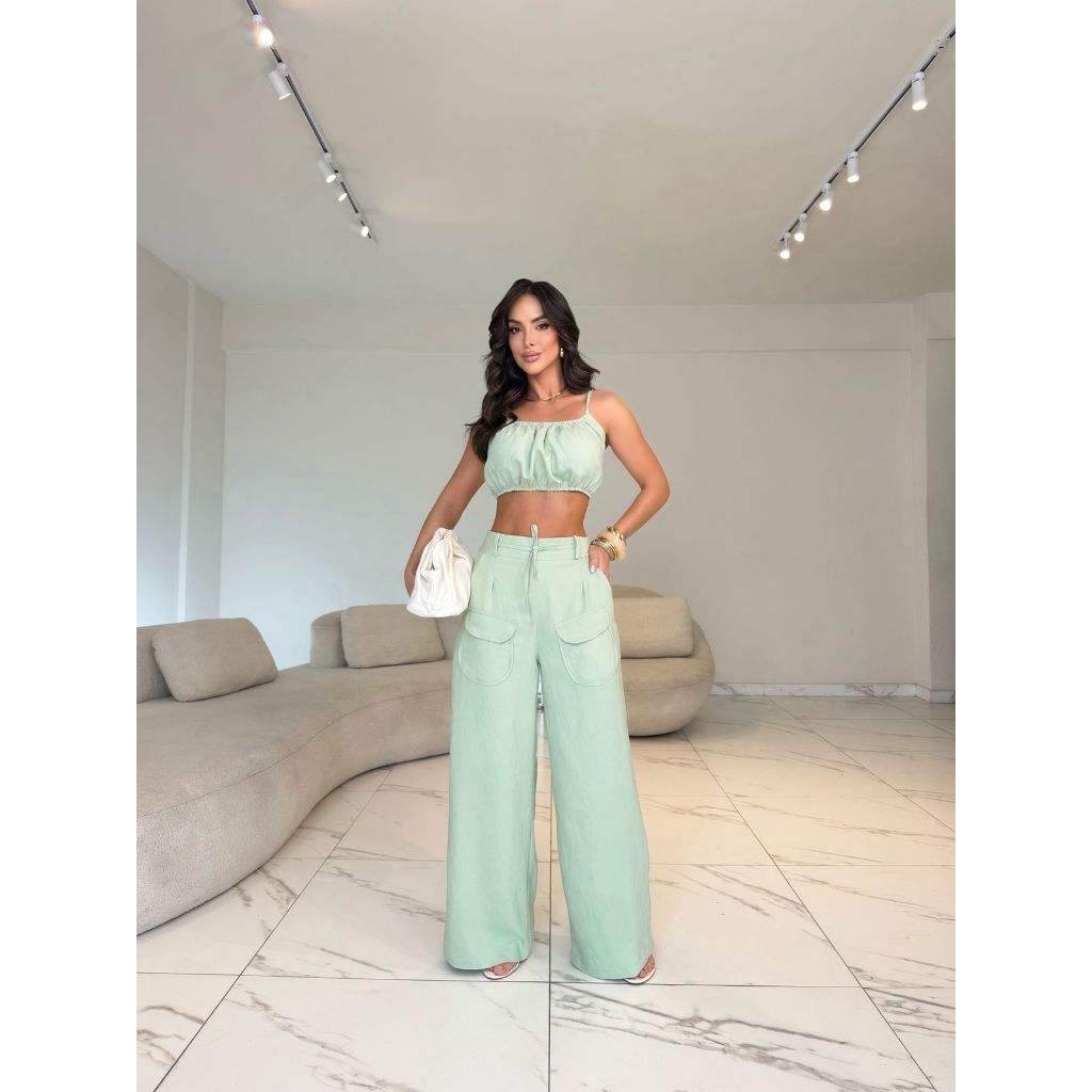 Conjunto Feminino Alfaiataria Blusa Regata + Calça Pantalona – Elegante e Confortável, Várias Cores
