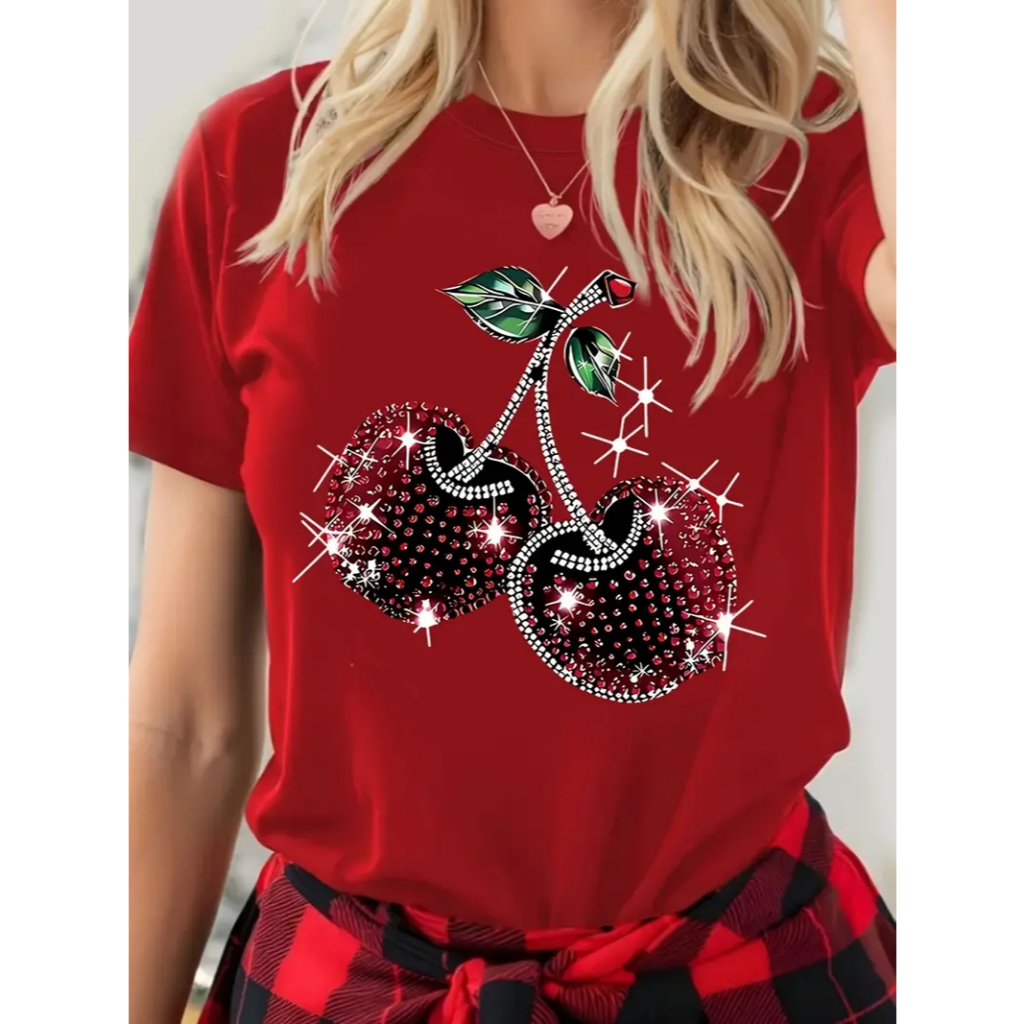 CAMISETA FEMININA CASUAL T-SHIRT FASHION E ESTILOSA CEREJA BRILHANTE em Oferta na Shopee