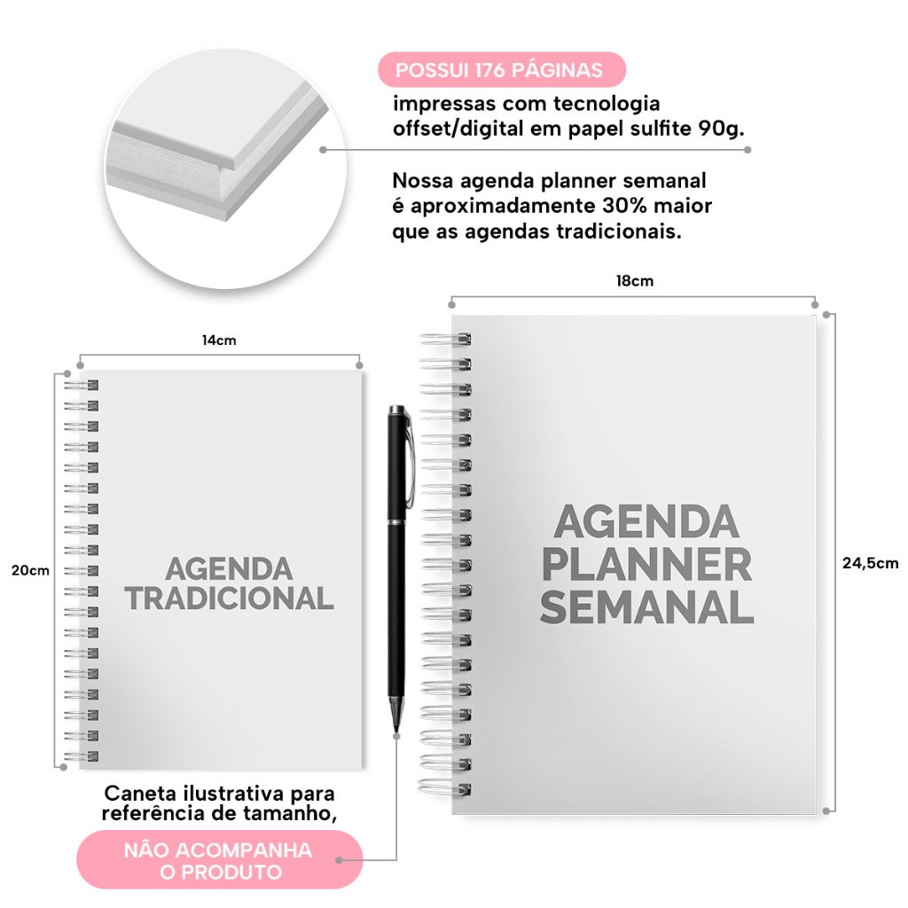 Agenda Planner Semanal Plus 2026 Monograma Floral Rosa E Branco
