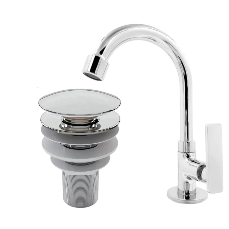 Kit de Banheiro Inox- Torneira Bancada Inox Cuba Lavabo Lavatório+Ralo Válvula click Abs 7/8 Cromada