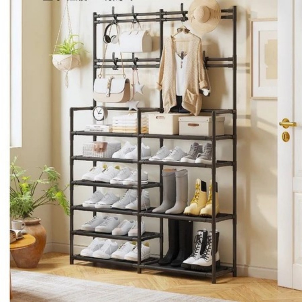 Arara De Roupa Cabideiro Duplo De Chão Sapateira Rack Organizador Multiuso Aço Inox