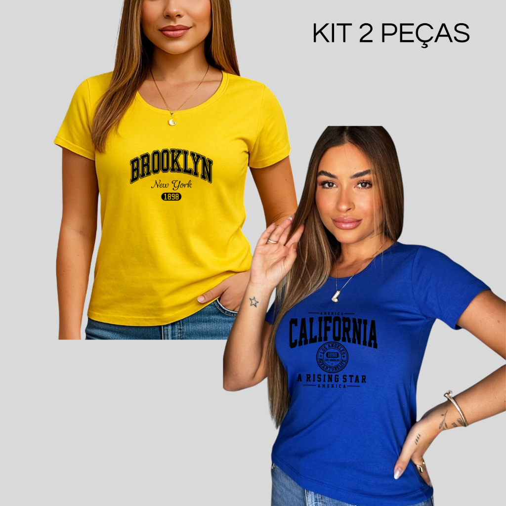 KIT 2 BLUSAS FEMININAS ESTAMPADAS BROOKLYN E CALIFORNIA