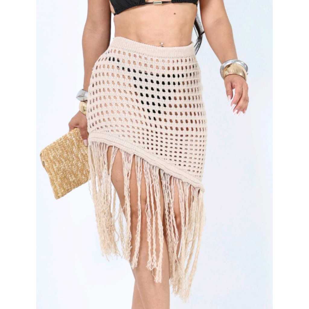 Saida de Praia Saia Feminina em Tricot com Franjas Verão Piscina em Oferta na Shopee