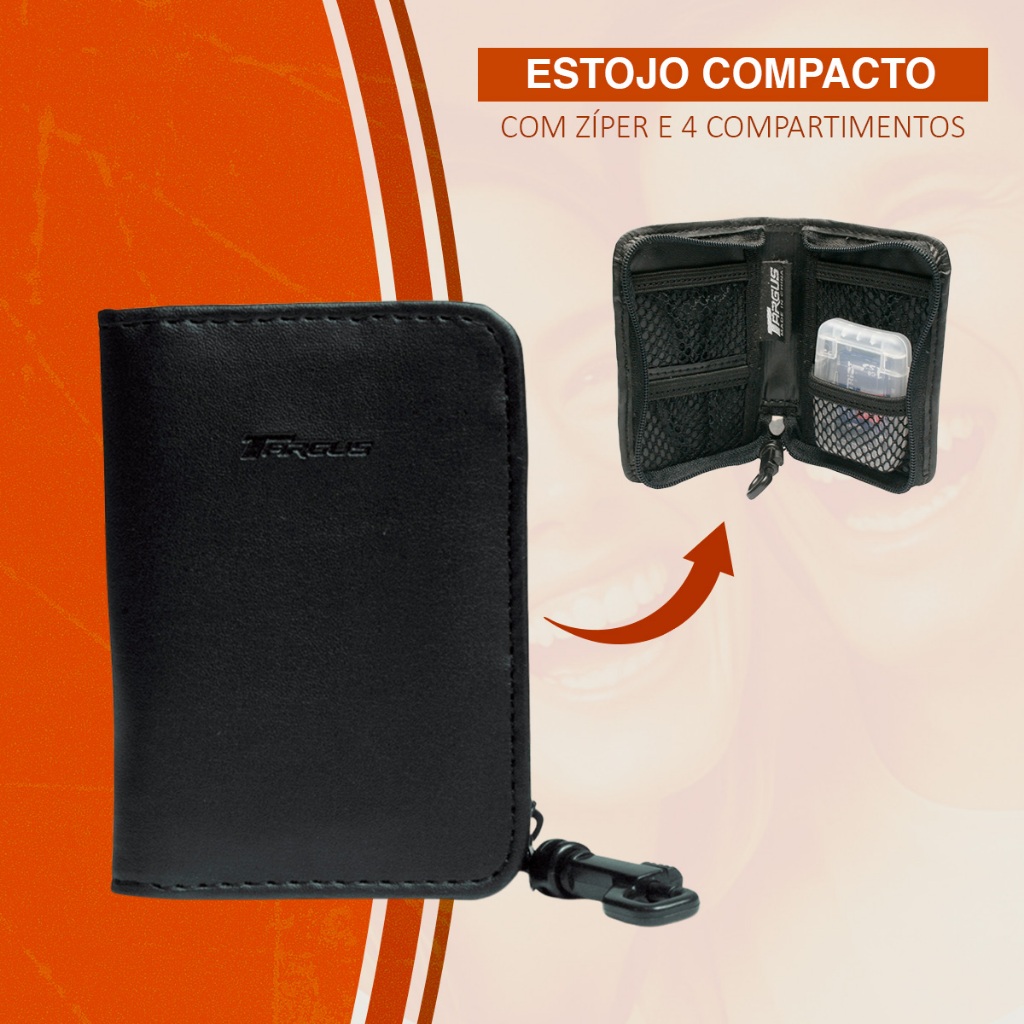 Estojo Compacto Preto Com Zíper E 4 Compartimentos Vazados Para Cartões de Memória