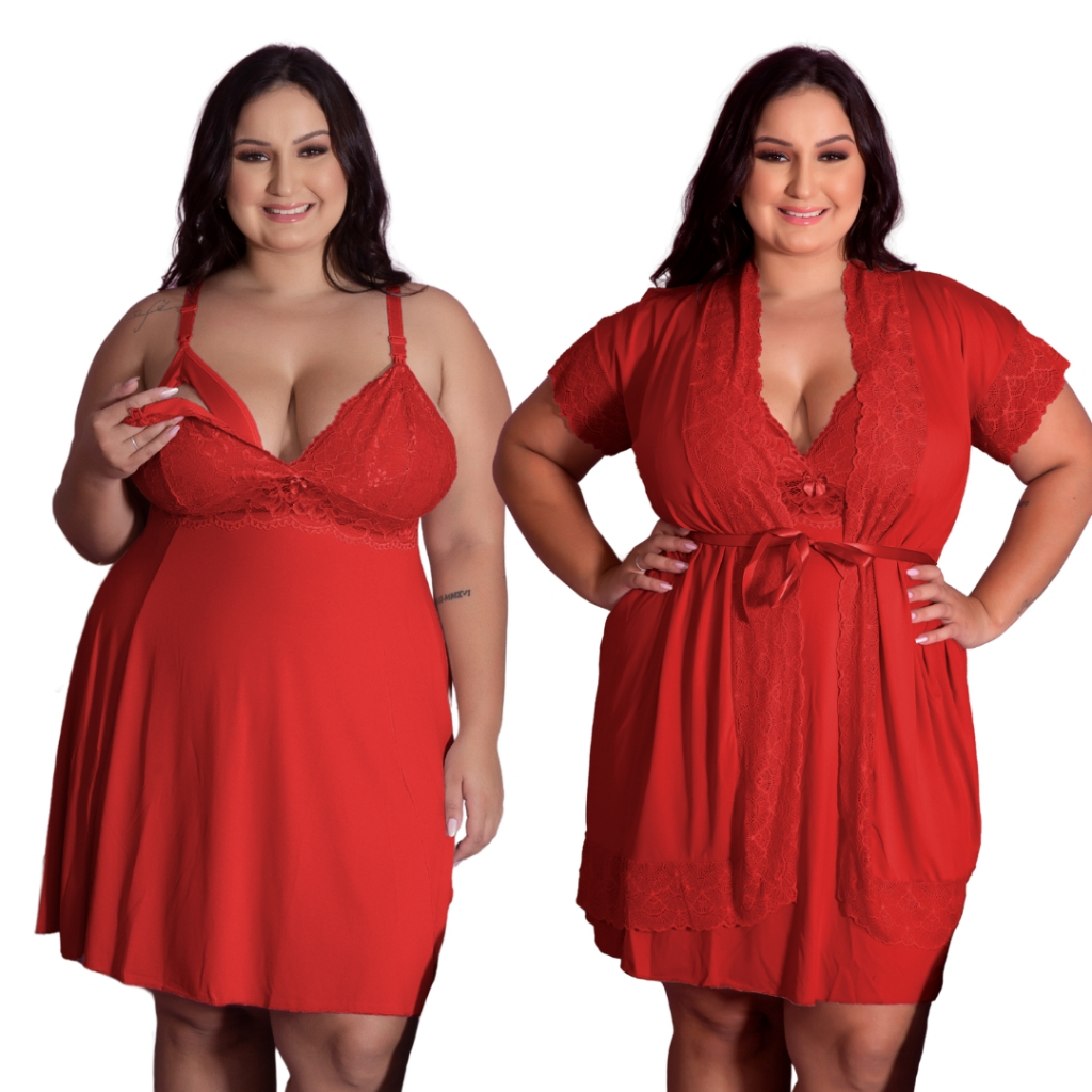 Kit Robe Roupão e Camisola Amamentação Plus Size Maternidade Tamanho Grande Pós Parto Gestante
