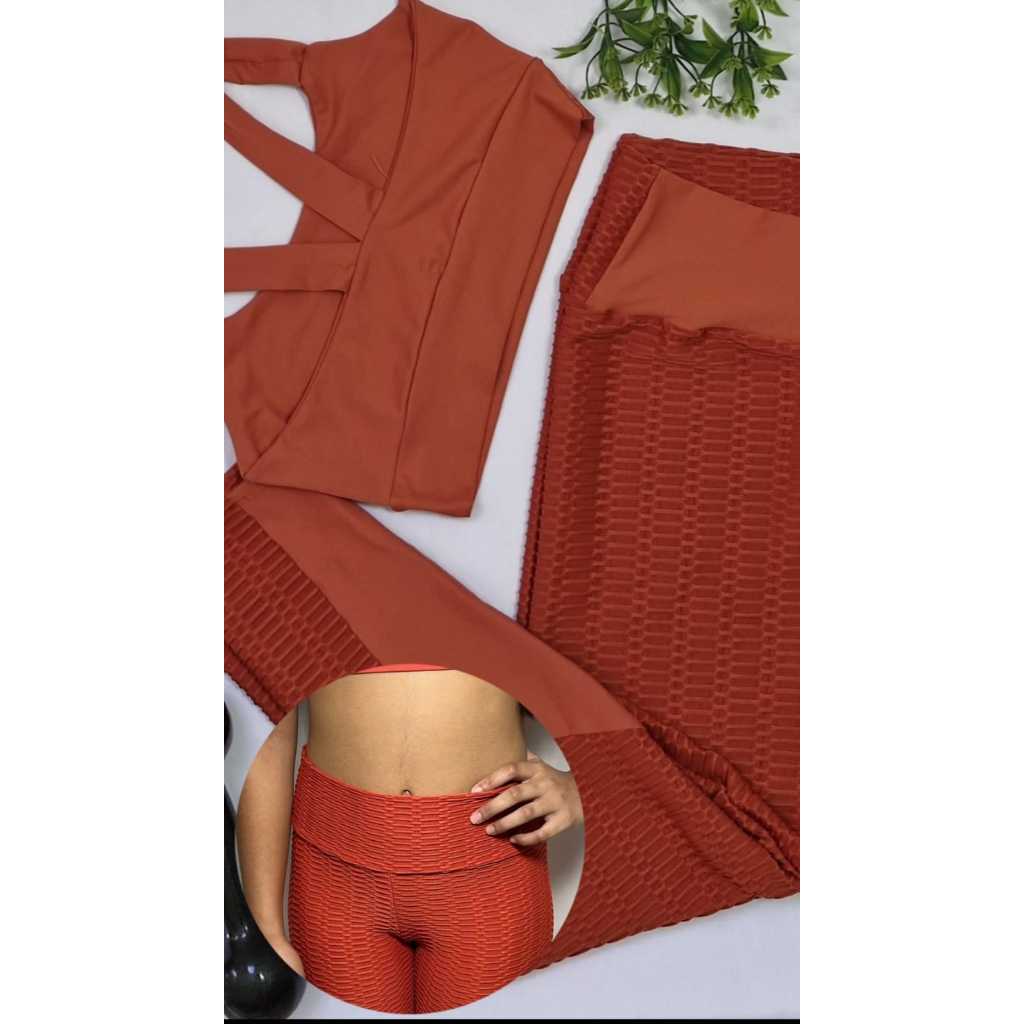 Conjunto Fitness Top + Calça Tecido em Poliamida Laranja Bronze Zero Transparência e Confortável