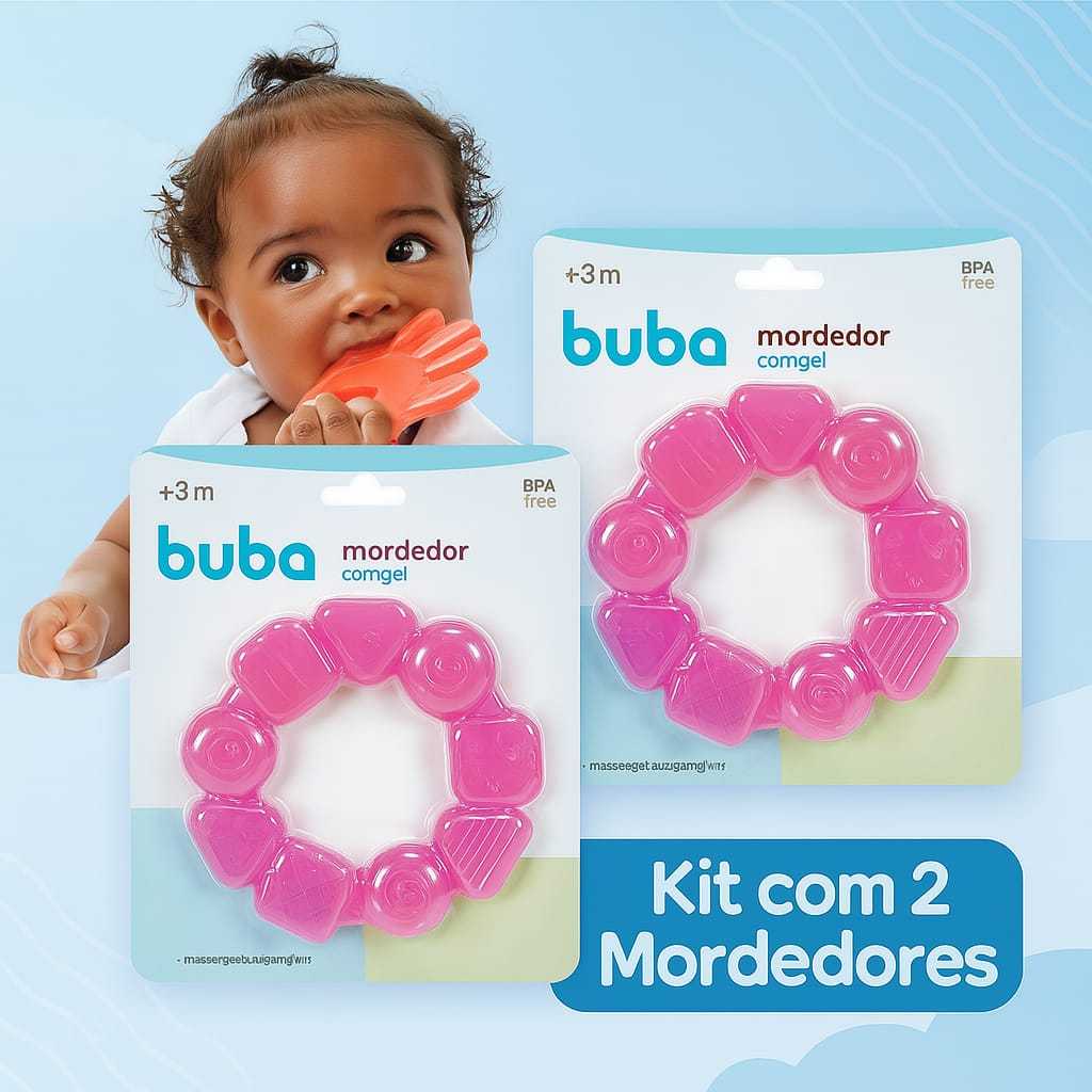 Kit Com 2 Massageador Mordedor Buba Com Agua Formato Circulo Silicone Azul Rosa Seguro Atoxico Divertidos