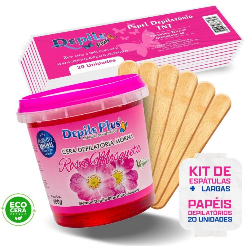 Kit Cera Depilatoria Hidrossoluvel 600g + Espátula Larga 15 Unidades + Papel Depilatorio 20 Unidades em Oferta na Shopee