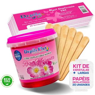 Kit Cera Depilatoria Hidrossoluvel 600g + Espátula Larga 15 Unidades + Papel Depilatorio 20 Unidades em Oferta na Shopee