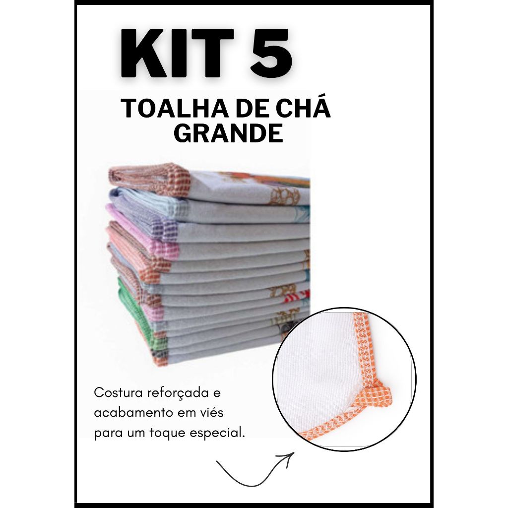 Kit 5 toalha de chá grande com viés estampada