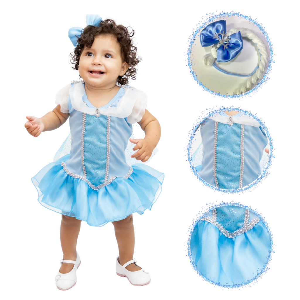 Fantasia Frozen azul com trança e vestido body princesa bebê para festas, fotos e carnaval