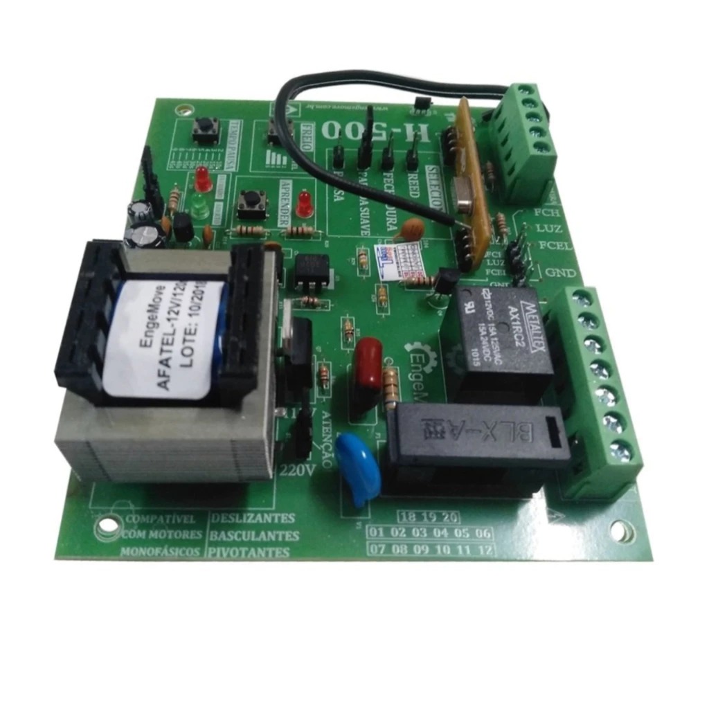 Placa de Motor de Portão Rossi H500 Engemove – Universal Até ½ Cv, Suporta Até 500 Controles, Freio Eletrônico 433