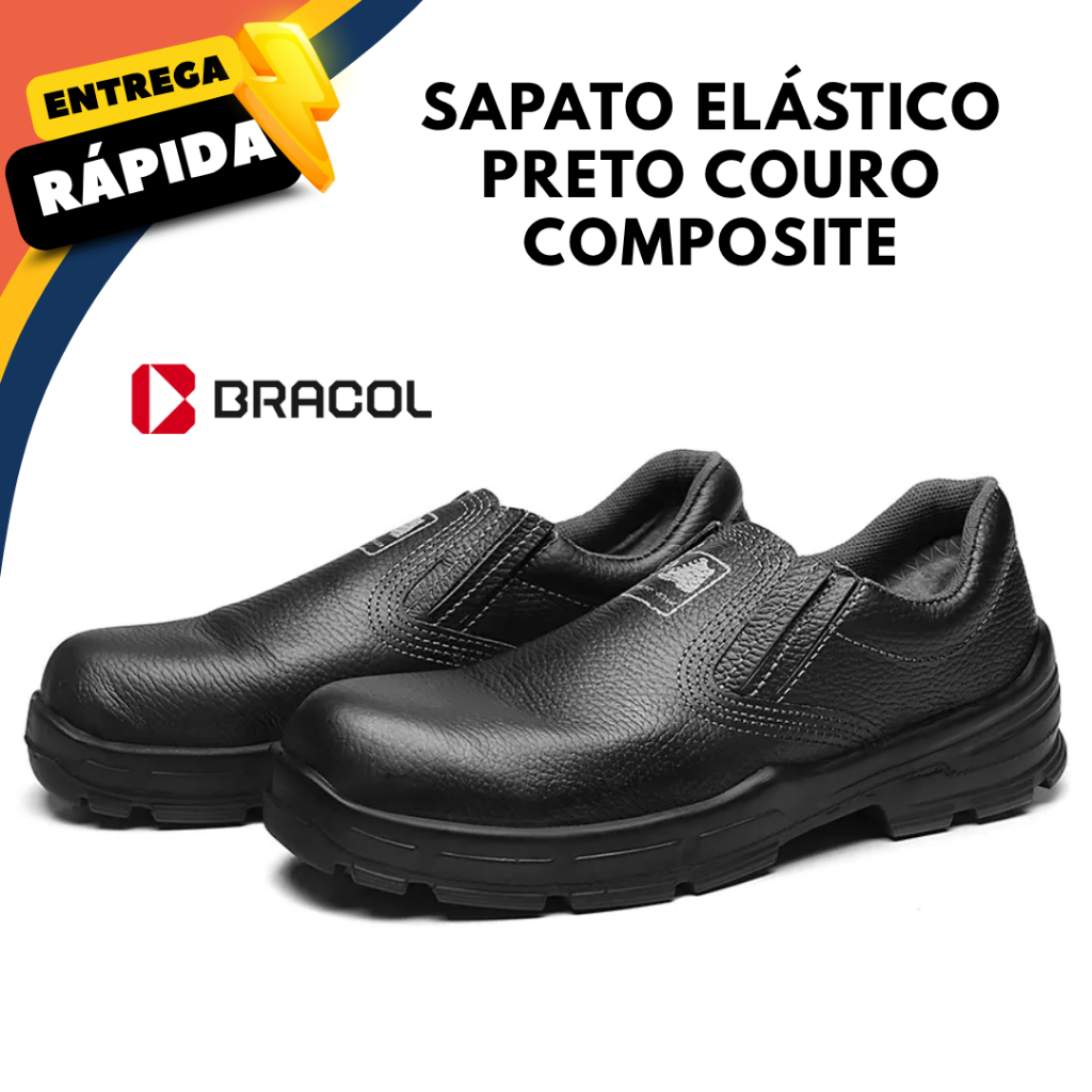 Sapato Bracol Bico Biqueira Composite Resistente Profissional Trabalho Couro Conforto Elástico EPI