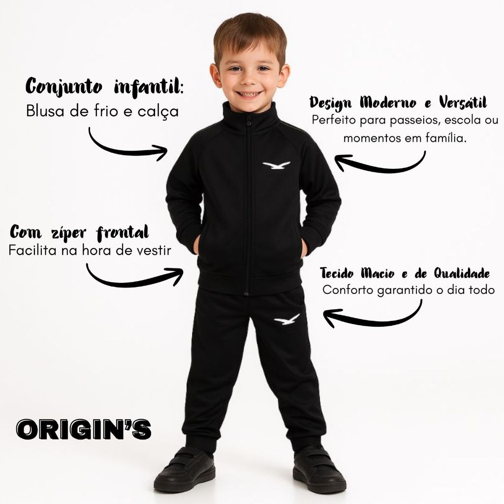 Conjunto Agasalho Infantil Forrado Com Bolsos Blusa + Calça Volta as Aulas