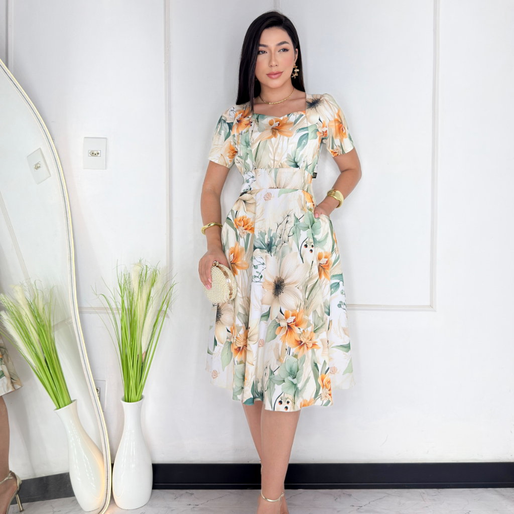 Vestido Evangélico Midi Floral Godê com Bolsos Elegante Confortável e Estilo Modesto em Oferta na Shopee