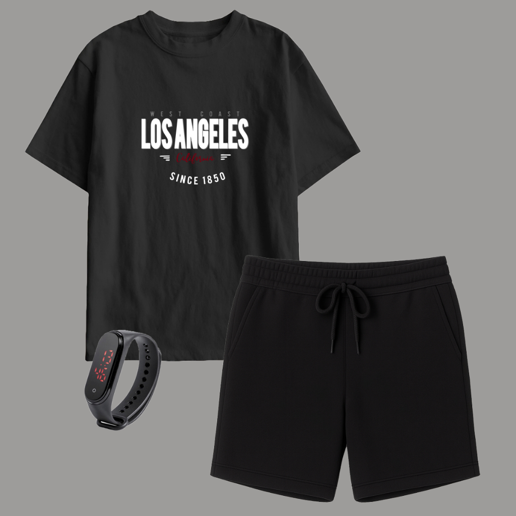 Kit Camiseta Infantil Algodão e Short Infantil Moletinho + Brinde Relógio Digital
