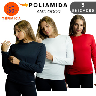 Kit 3 Blusa Térmica Anti Odor Poliamida Feminina Manga Longa Proteção Uv50+ Microfibra Tecido Gelado em Oferta na Shopee
