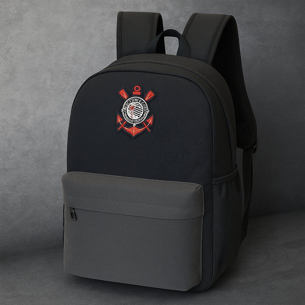 Mochila Oficial Corinthians Xeryus – Modelo Escolar Preta com Bolso Cinza | TIMÃO | MATERIAL ESCOLAR