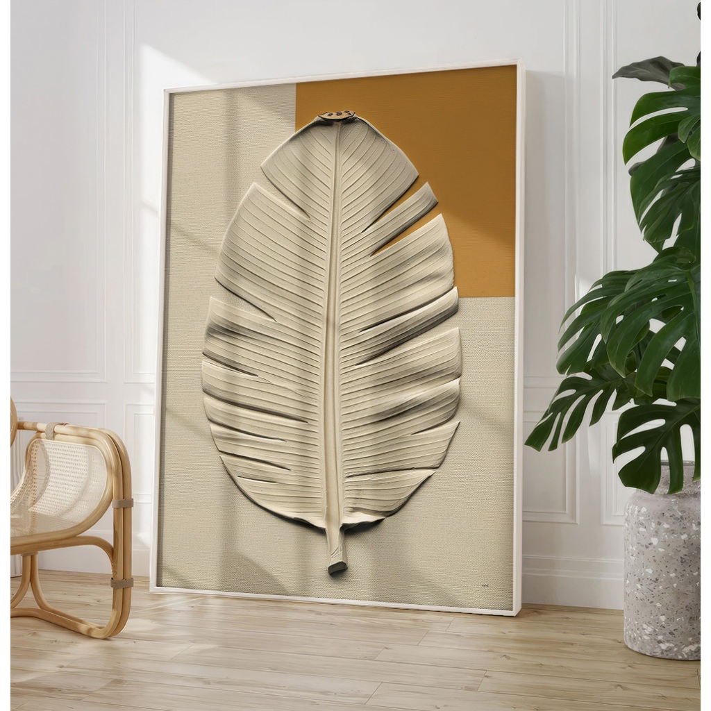 Quadro Decorativo GRANDE Com Moldura Filete E Vidro Sala Escritório Folha Efeito 3D Off-White E Bege