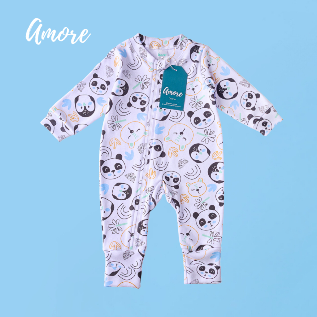 Macacão de Bebê Amore Vira Pé Panda Com Zíper e Protetor 100% Algodão