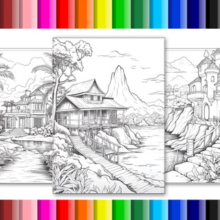 Kit 50 Desenhos para colorir Casas e paisagens em folhas soltas A4