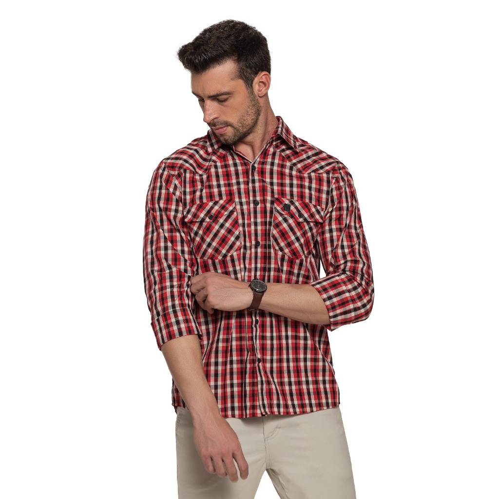 Camisa Social Masculina Xadrez Manga Longa Comfort Com Bolso