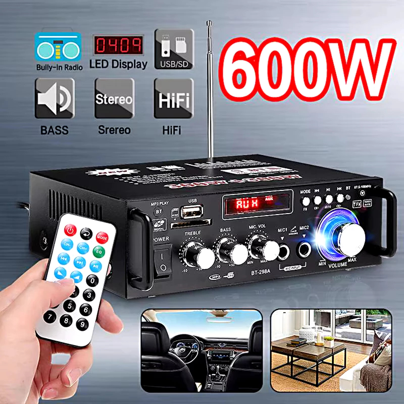 Potente Amplificador 220v Bass 600W Bluetooth USB FM FM AUX SD Karaoke controle remoto Home Cinema