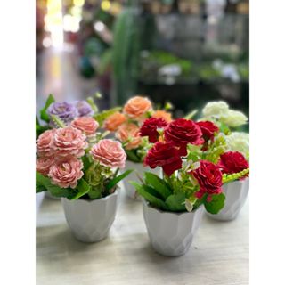 Vaso Arranjos Mini Peônia Artificial  c //vaso, argila, musgo Ideal para decorações de mesa, banheiro.. em Oferta na Shopee