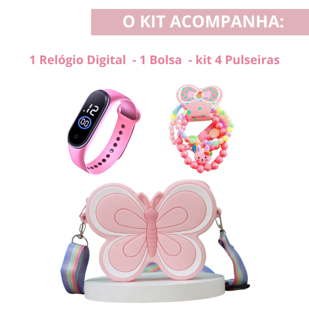 Kit Relógio Infantil Digital + Bolsa Silicone Borboleta Blogueirinha + 4 Pulseiras Miçangas - Presente Meninas, Crianças em Oferta na Shopee