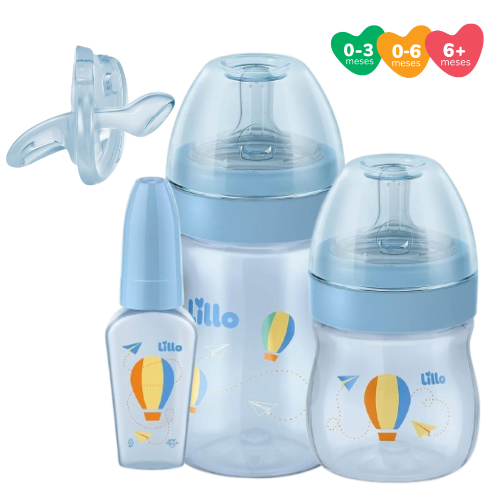 Kit Mamadeiras Menino Lillo Bico Reto com Chuquinha e Chupeta Ortodôntica 0-6 meses 100% Silicone