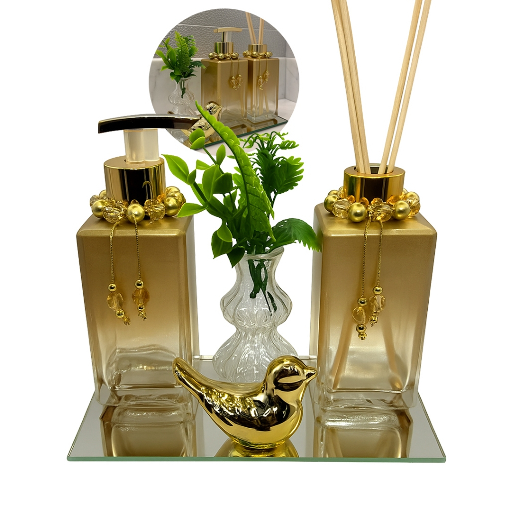Kit Super Luxo Lavabo Square GOLD Aromatizador e Sabonete